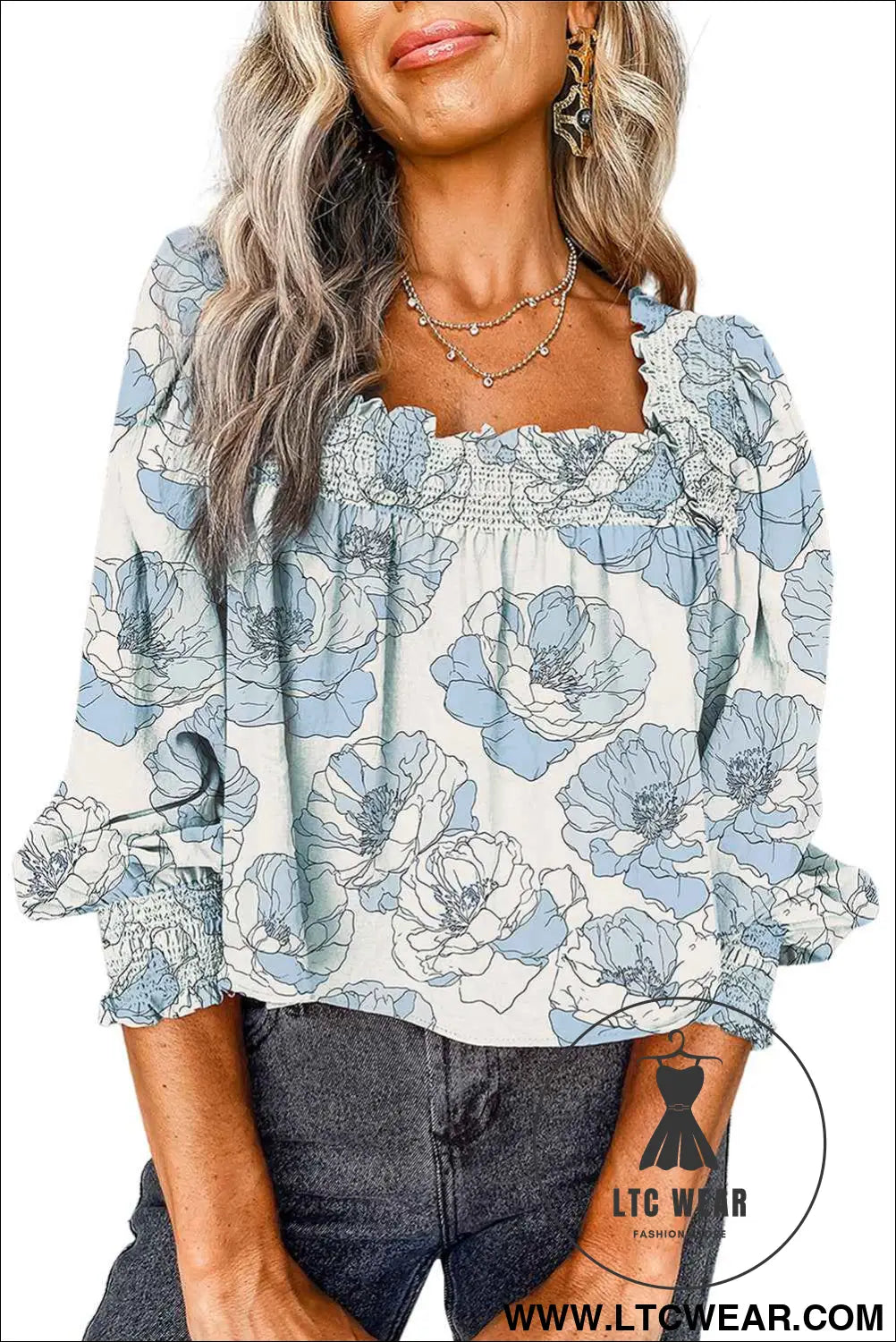 Sky Blue Floral Print Frilly Smocked Square Neck Long Sleeve Blouse