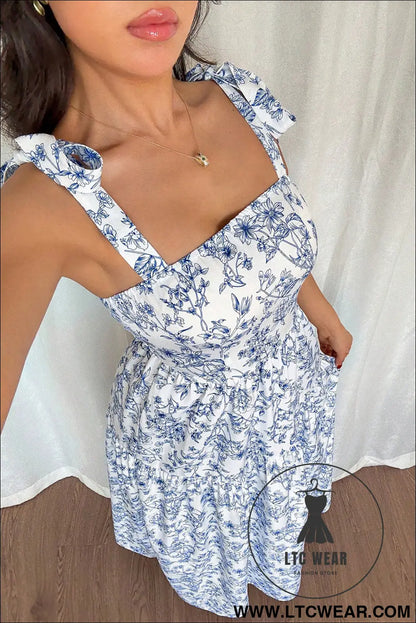 Sky Blue Floral Print Knot Straps High Waist Flared Maxi Dress - L.T.C Wear Online Fashion Store