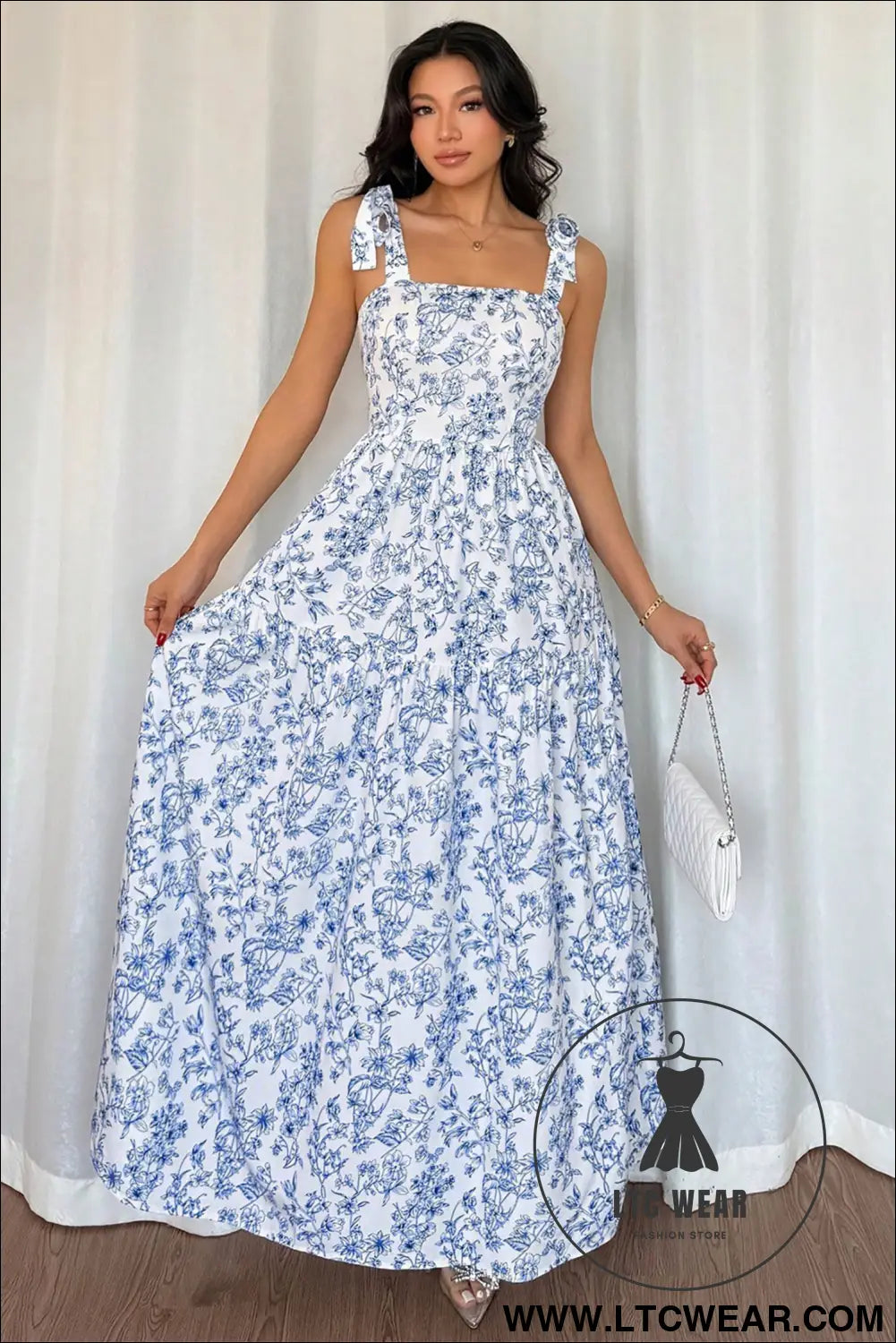Sky Blue Floral Print Knot Straps High Waist Flared Maxi Dress - L.T.C Wear Online Fashion Store