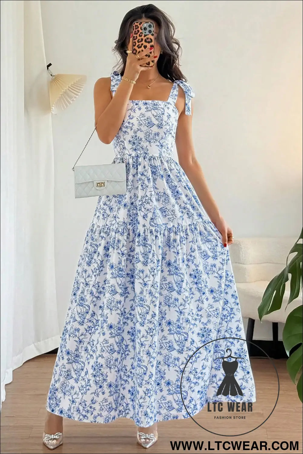 Sky Blue Floral Print Knot Straps High Waist Flared Maxi Dress - L.T.C Wear Online Fashion Store