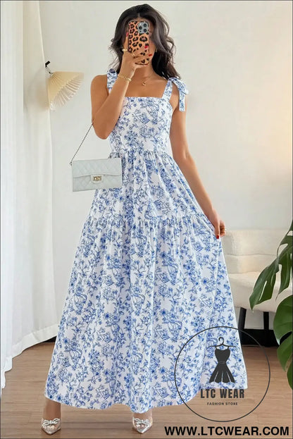 Sky Blue Floral Print Knot Straps High Waist Flared Maxi Dress - L.T.C Wear Online Fashion Store