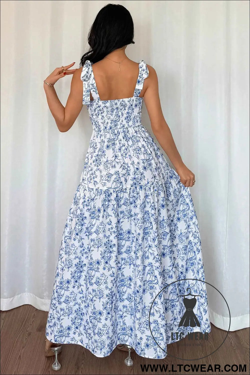 Sky Blue Floral Print Knot Straps High Waist Flared Maxi Dress