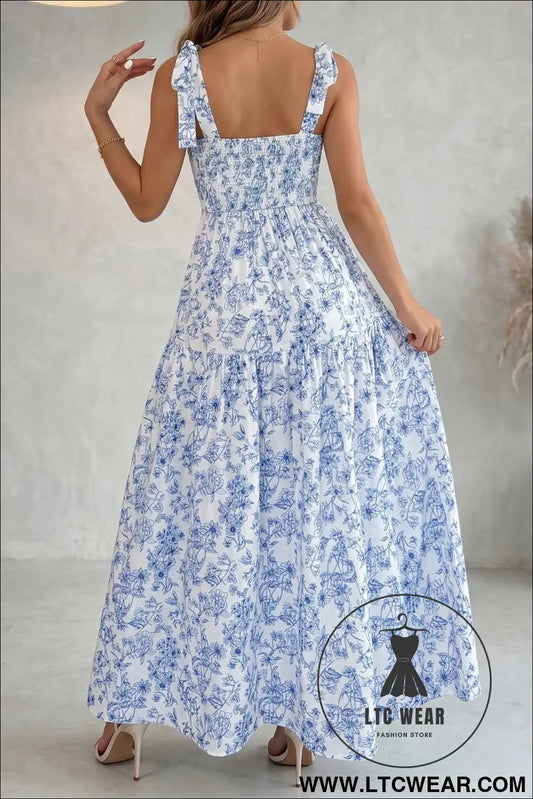 Sky Blue Floral Print Knot Straps High Waist Flared Maxi Dress