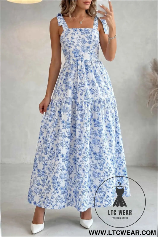 Sky Blue Floral Print Knot Straps High Waist Flared Maxi Dress