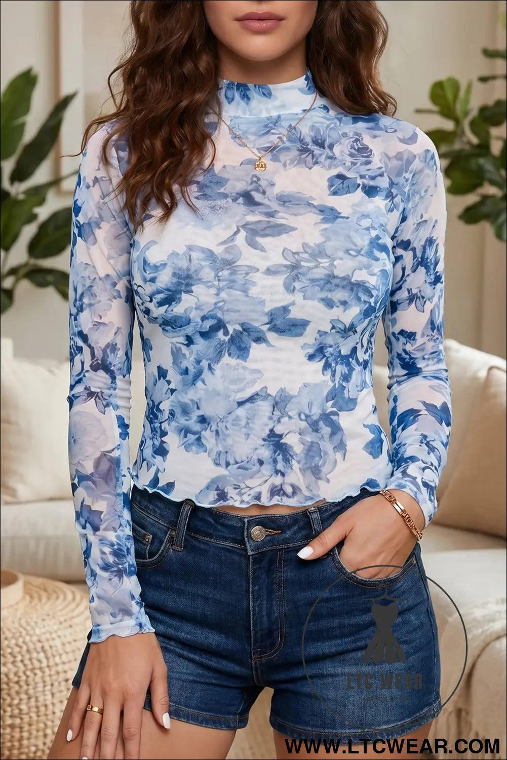 Sky blue floral print long sleeve stand neck mesh top - sky blue / l / 95% polyester + 5% elastane - long sleeve tops