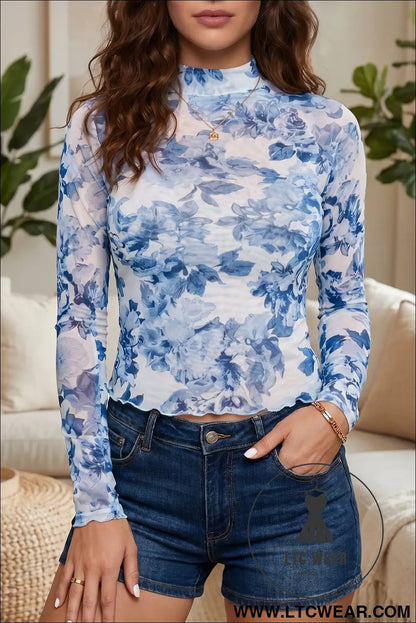 Sky blue floral print long sleeve stand neck mesh top - sky blue / l / 95% polyester + 5% elastane - long sleeve tops