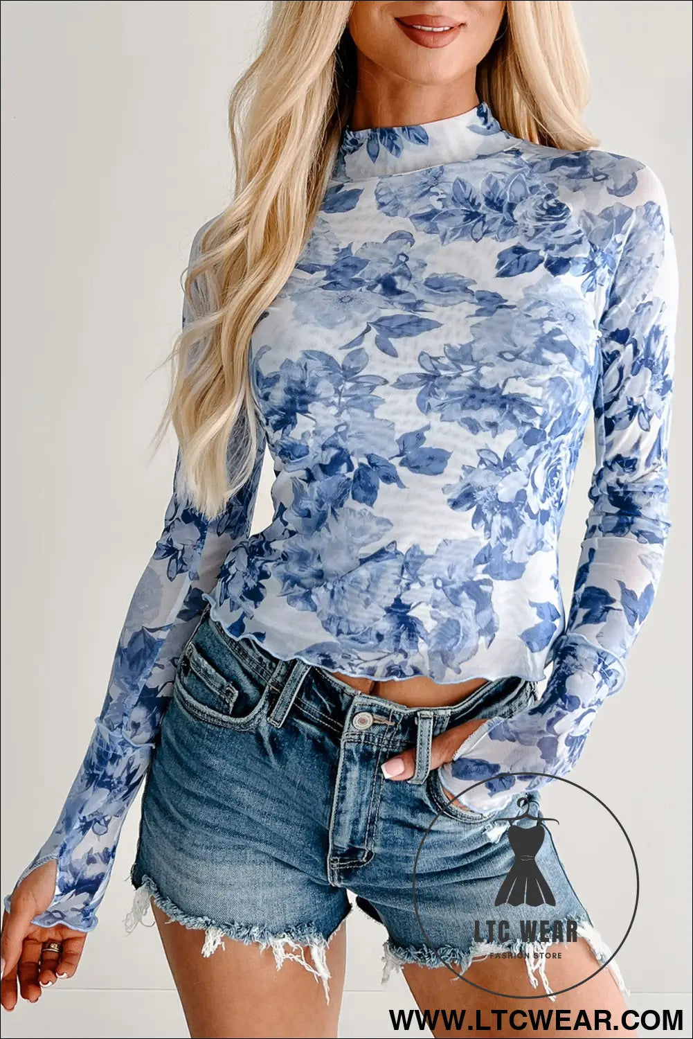 Sky blue floral print long sleeve stand neck mesh top - long sleeve tops
