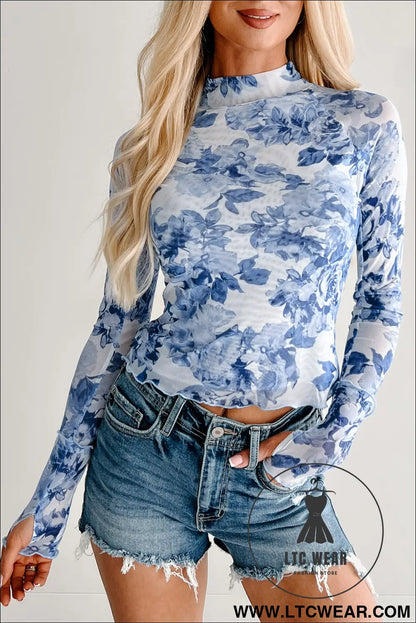 Sky blue floral print long sleeve stand neck mesh top - long sleeve tops