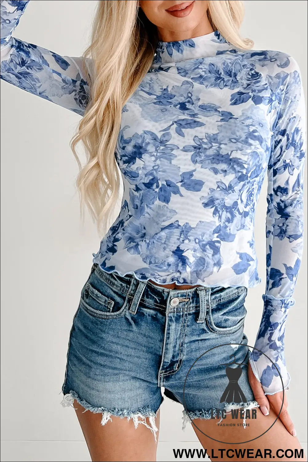 Sky blue floral print long sleeve stand neck mesh top - long sleeve tops