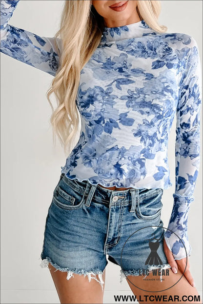 Sky blue floral print long sleeve stand neck mesh top - long sleeve tops