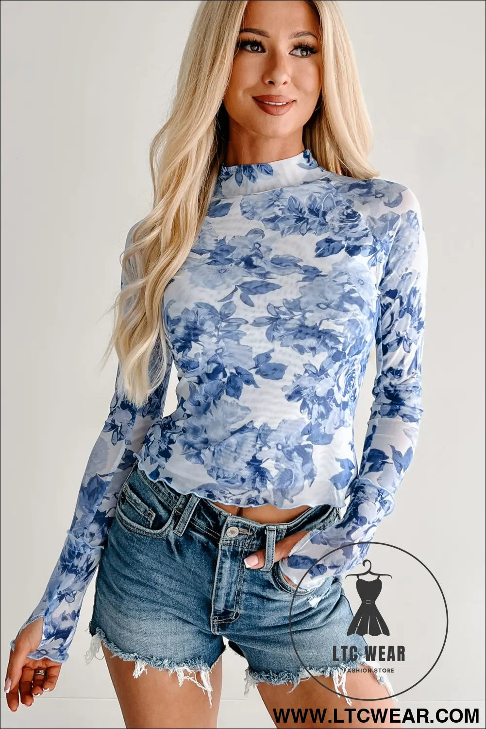 Sky blue floral print long sleeve stand neck mesh top - long sleeve tops