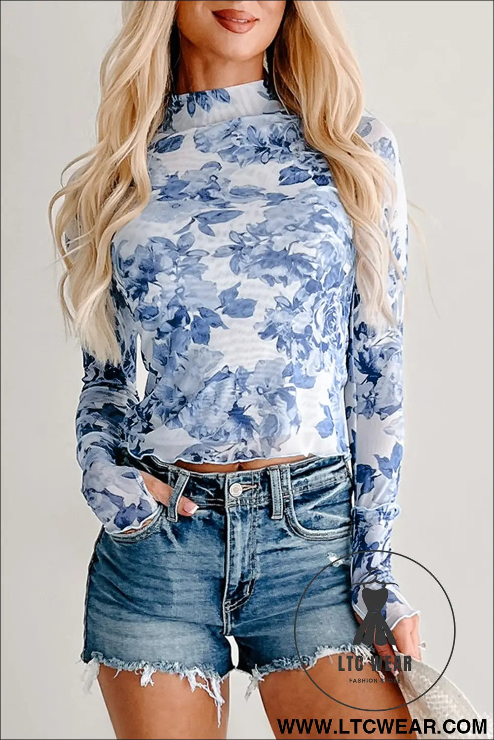 Sky blue floral print long sleeve stand neck mesh top - long sleeve tops