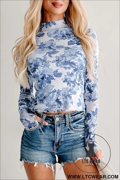 Sky blue floral print long sleeve stand neck mesh top - long sleeve tops