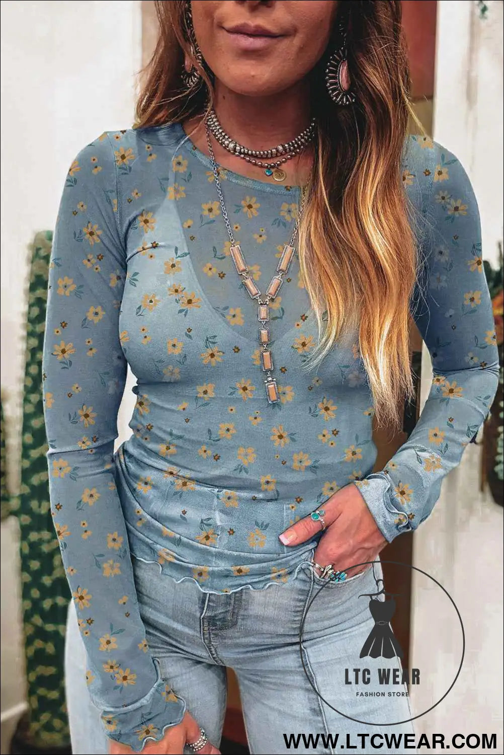 Sky Blue Floral Print Mesh Slim Fit Long Sleeve Top
