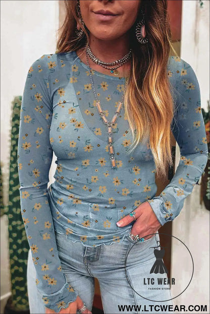Sky Blue Floral Print Mesh Slim Fit Long Sleeve Top