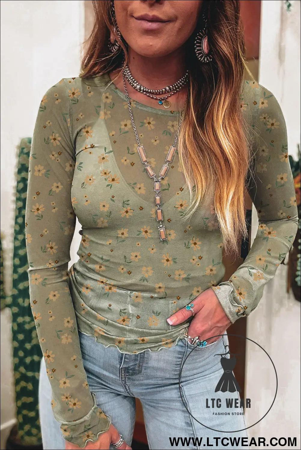 Sky Blue Floral Print Mesh Slim Fit Long Sleeve Top - L.T.C Wear Online Fashion Store