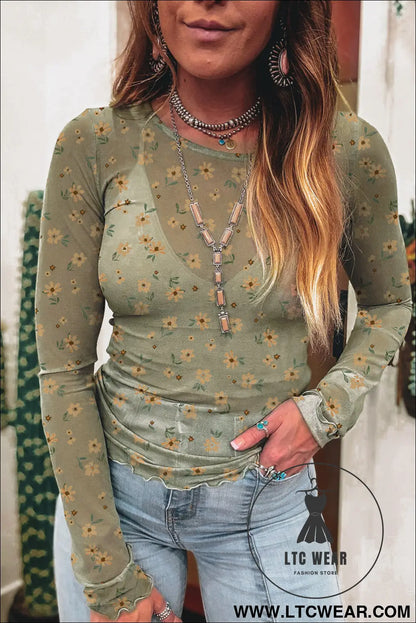 Sky Blue Floral Print Mesh Slim Fit Long Sleeve Top - L.T.C Wear Online Fashion Store