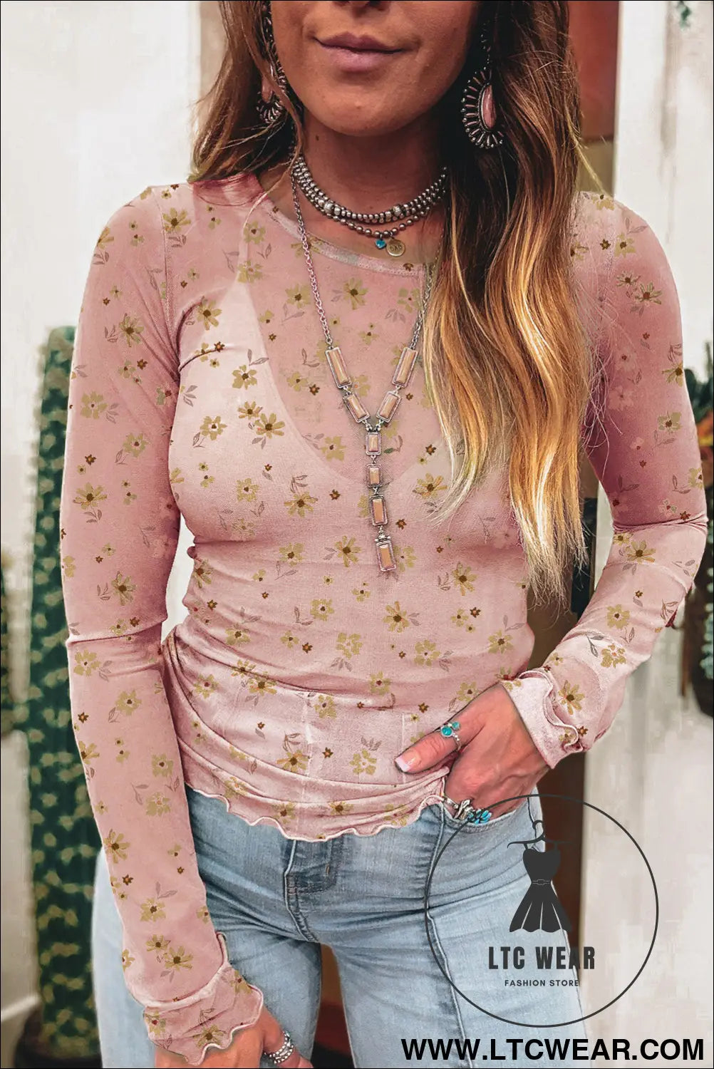 Sky Blue Floral Print Mesh Slim Fit Long Sleeve Top - L.T.C Wear Online Fashion Store