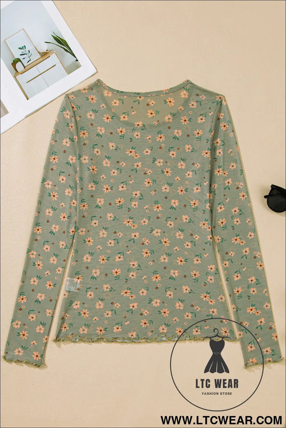 Sky Blue Floral Print Mesh Slim Fit Long Sleeve Top - L.T.C Wear Online Fashion Store