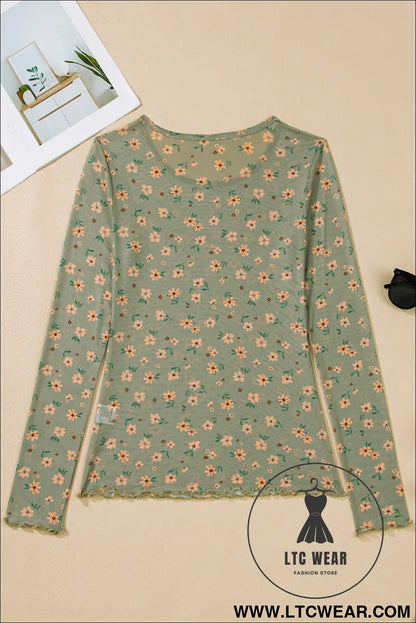 Sky Blue Floral Print Mesh Slim Fit Long Sleeve Top - L.T.C Wear Online Fashion Store