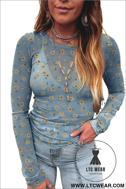 Sky Blue Floral Print Mesh Slim Fit Long Sleeve Top
