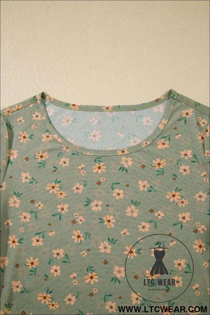Sky Blue Floral Print Mesh Slim Fit Long Sleeve Top - L.T.C Wear Online Fashion Store
