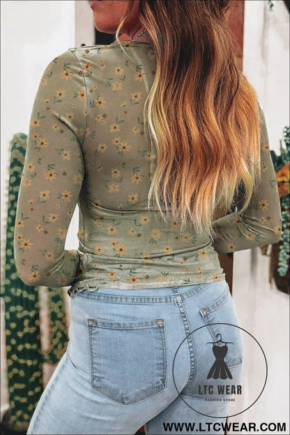 Sky Blue Floral Print Mesh Slim Fit Long Sleeve Top - L.T.C Wear Online Fashion Store