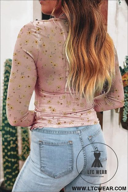 Sky Blue Floral Print Mesh Slim Fit Long Sleeve Top - L.T.C Wear Online Fashion Store