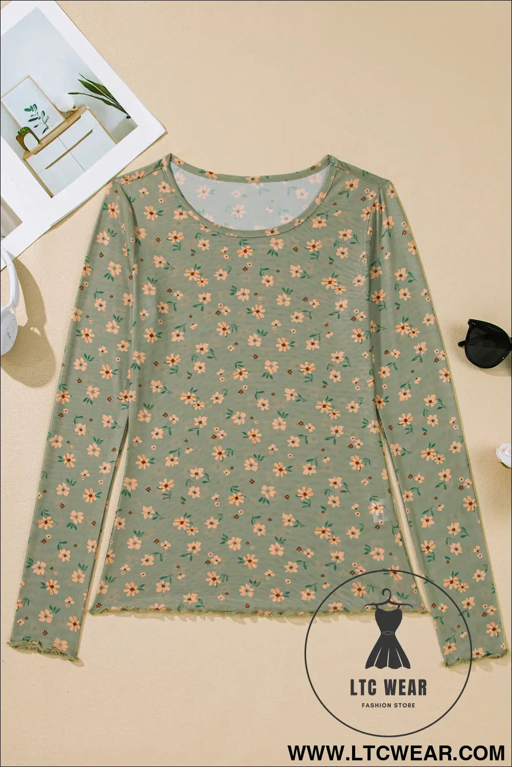 Sky Blue Floral Print Mesh Slim Fit Long Sleeve Top - L.T.C Wear Online Fashion Store