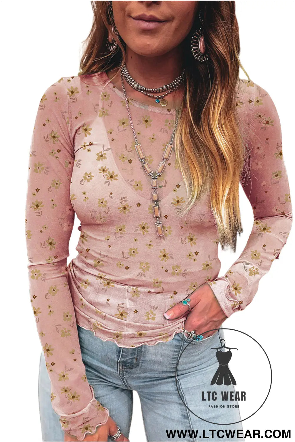 Sky Blue Floral Print Mesh Slim Fit Long Sleeve Top - L.T.C Wear Online Fashion Store