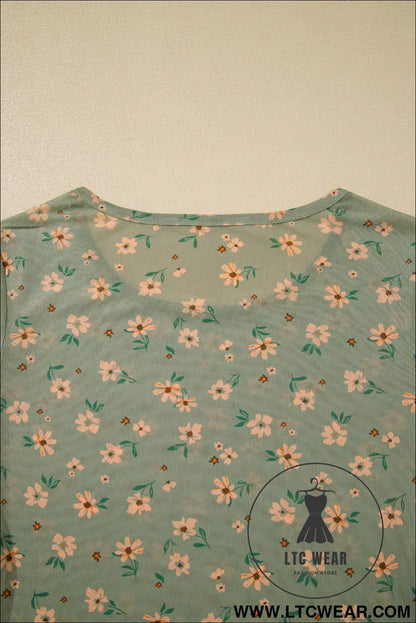 Sky Blue Floral Print Mesh Slim Fit Long Sleeve Top - L.T.C Wear Online Fashion Store