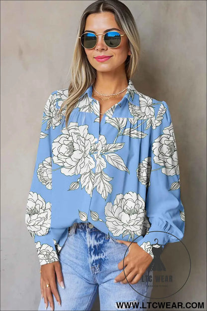 Sky Blue Floral Print Pleated Puff Sleeve Shirt