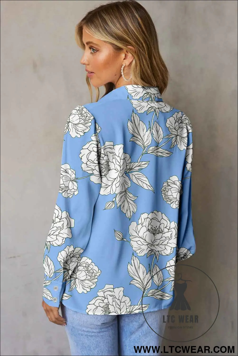 Sky Blue Floral Print Pleated Puff Sleeve Shirt