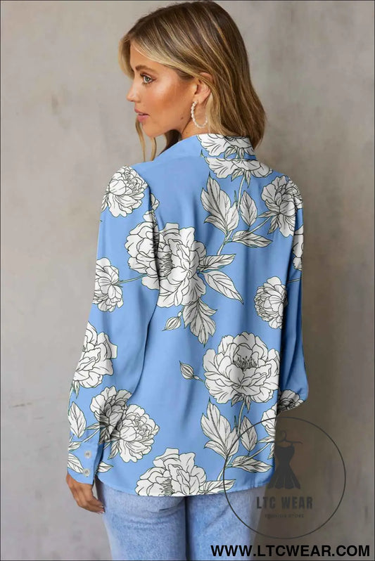 Sky Blue Floral Print Pleated Puff Sleeve Shirt