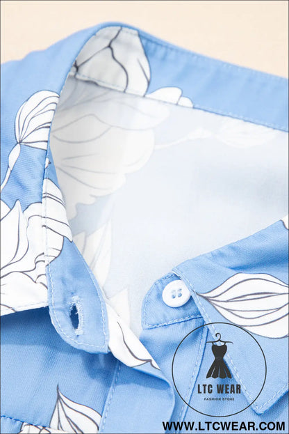 Sky Blue Floral Print Pleated Puff Sleeve Shirt - L.T.C Wear Online Fashion Store