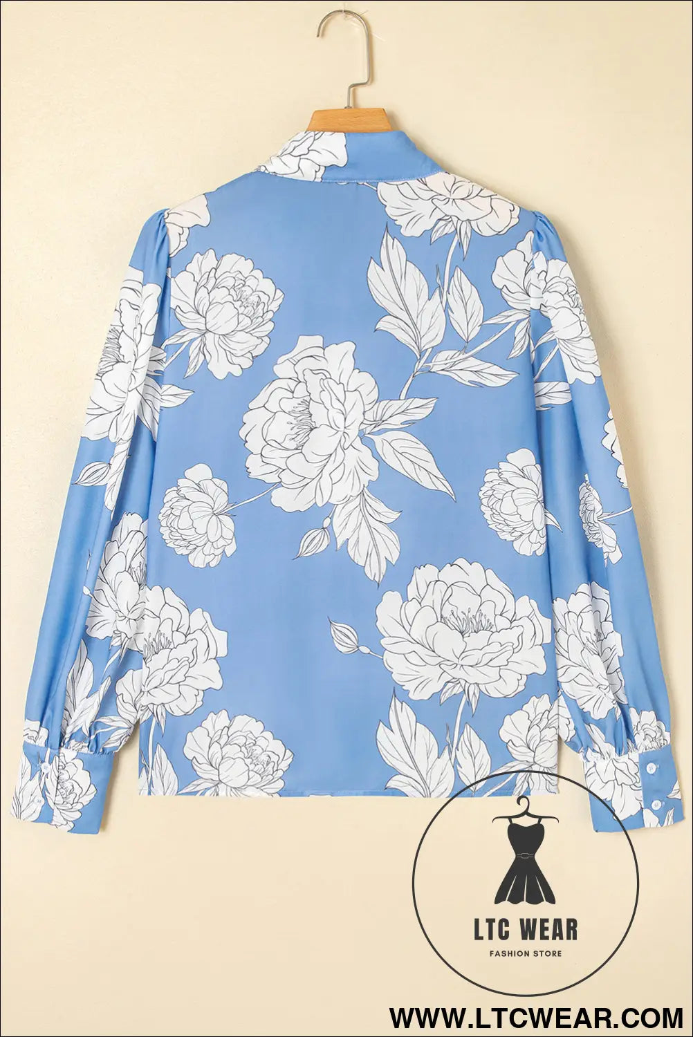 Sky Blue Floral Print Pleated Puff Sleeve Shirt - L.T.C Wear Online Fashion Store
