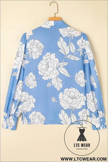 Sky Blue Floral Print Pleated Puff Sleeve Shirt - L.T.C Wear Online Fashion Store