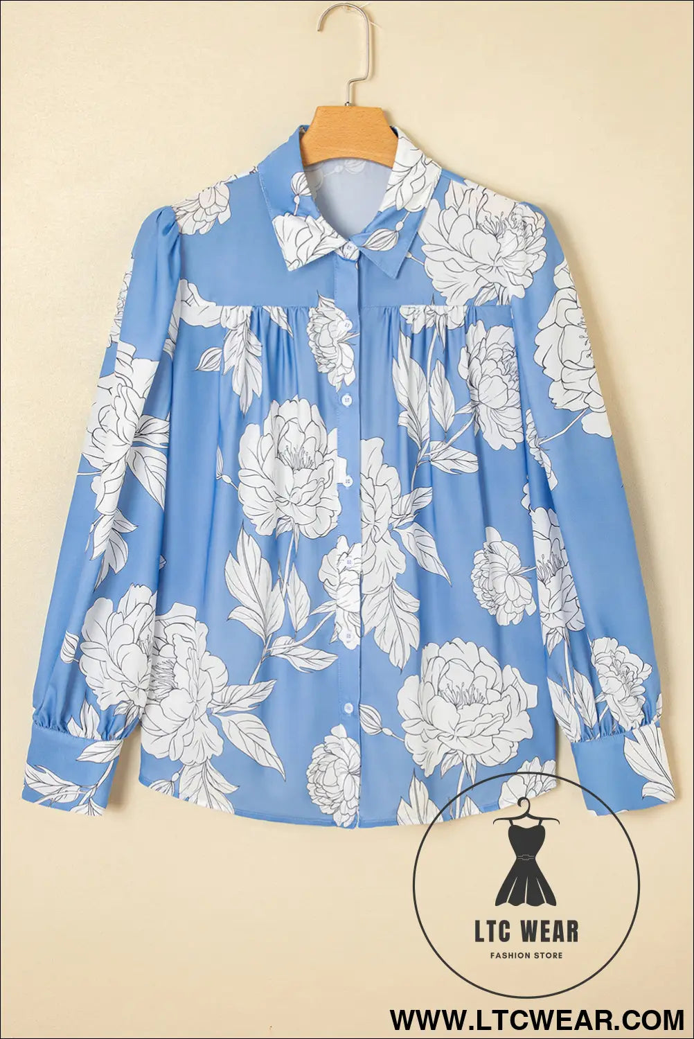 Sky Blue Floral Print Pleated Puff Sleeve Shirt - L.T.C Wear Online Fashion Store