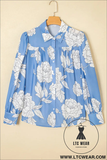 Sky Blue Floral Print Pleated Puff Sleeve Shirt - L.T.C Wear Online Fashion Store