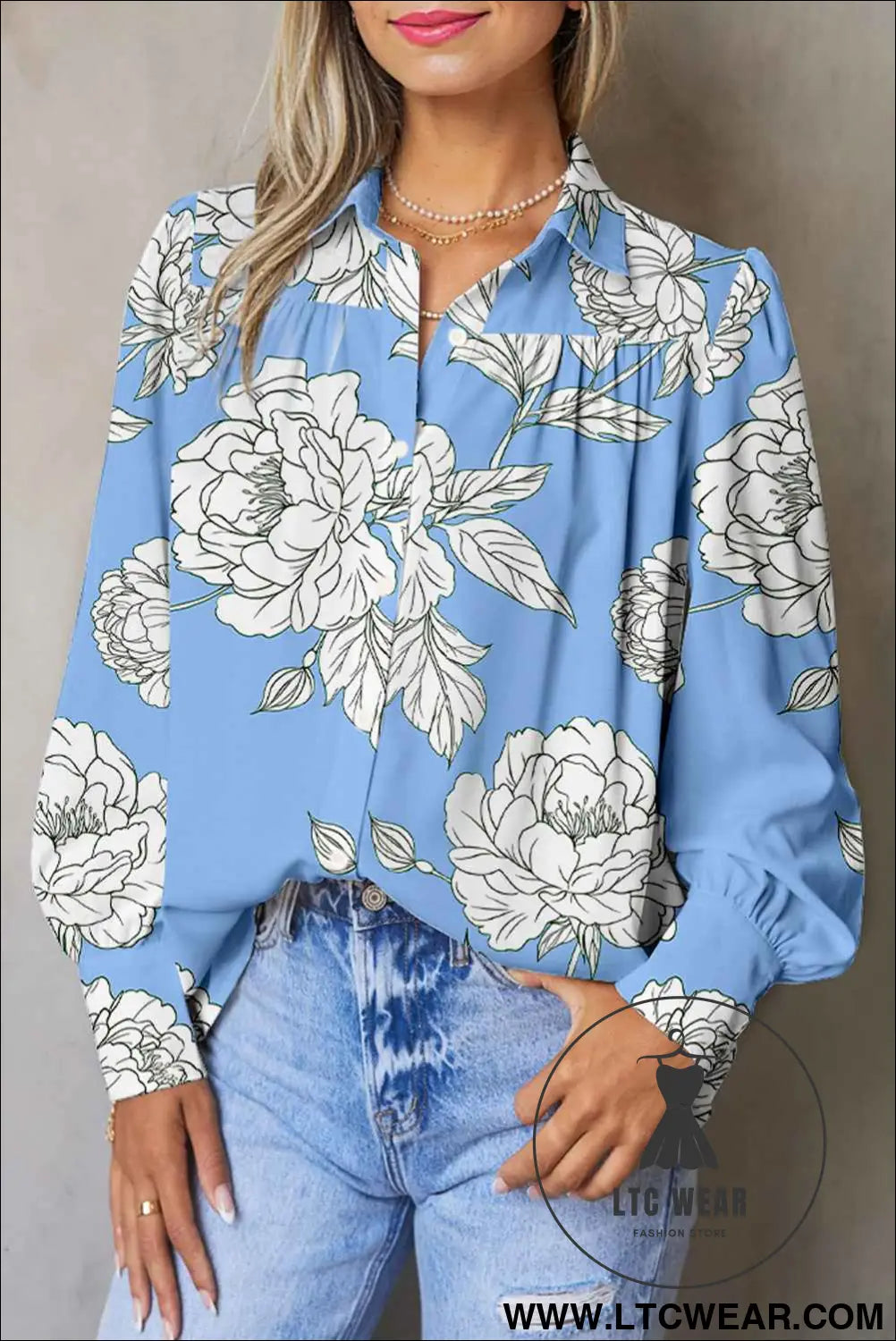 Sky Blue Floral Print Pleated Puff Sleeve Shirt