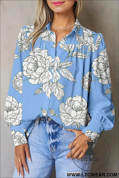 Sky Blue Floral Print Pleated Puff Sleeve Shirt