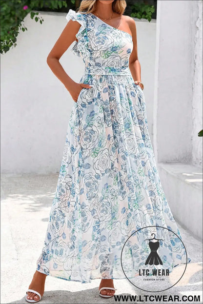 Sky Blue Floral Print Ruffled One Shoulder Vacation Maxi Dress - L.T.C Wear Online Fashion Store