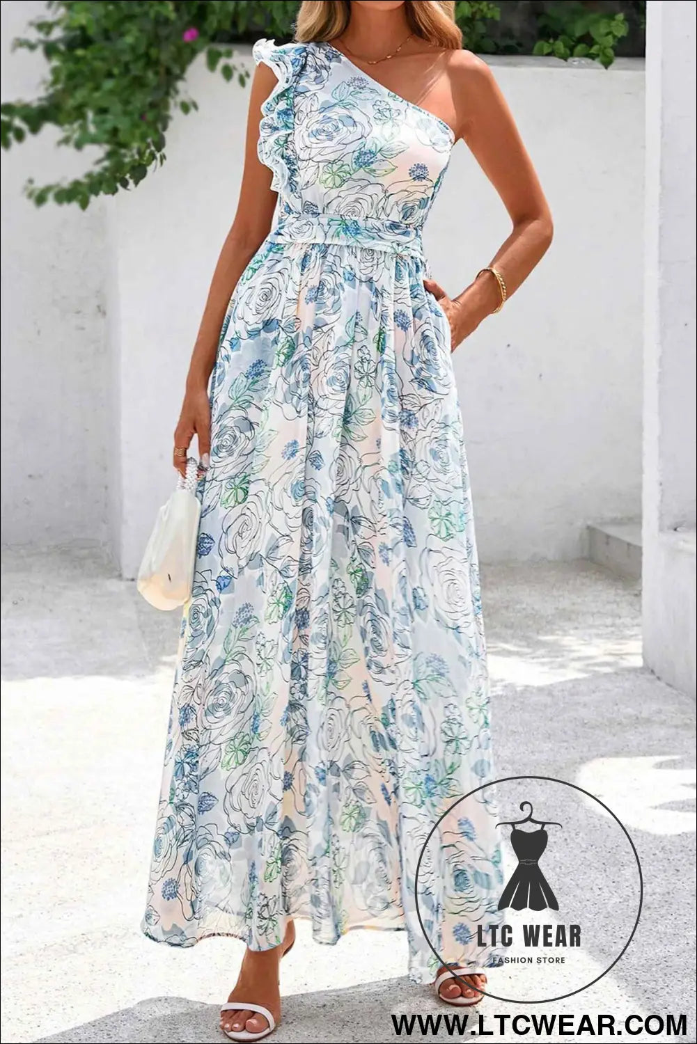 Sky Blue Floral Print Ruffled One Shoulder Vacation Maxi Dress
