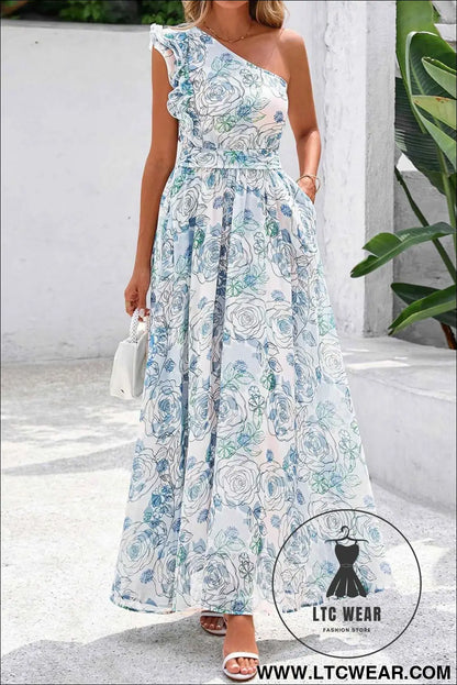 Sky Blue Floral Print Ruffled One Shoulder Vacation Maxi Dress
