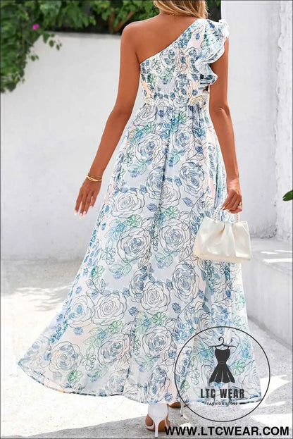 Sky Blue Floral Print Ruffled One Shoulder Vacation Maxi Dress