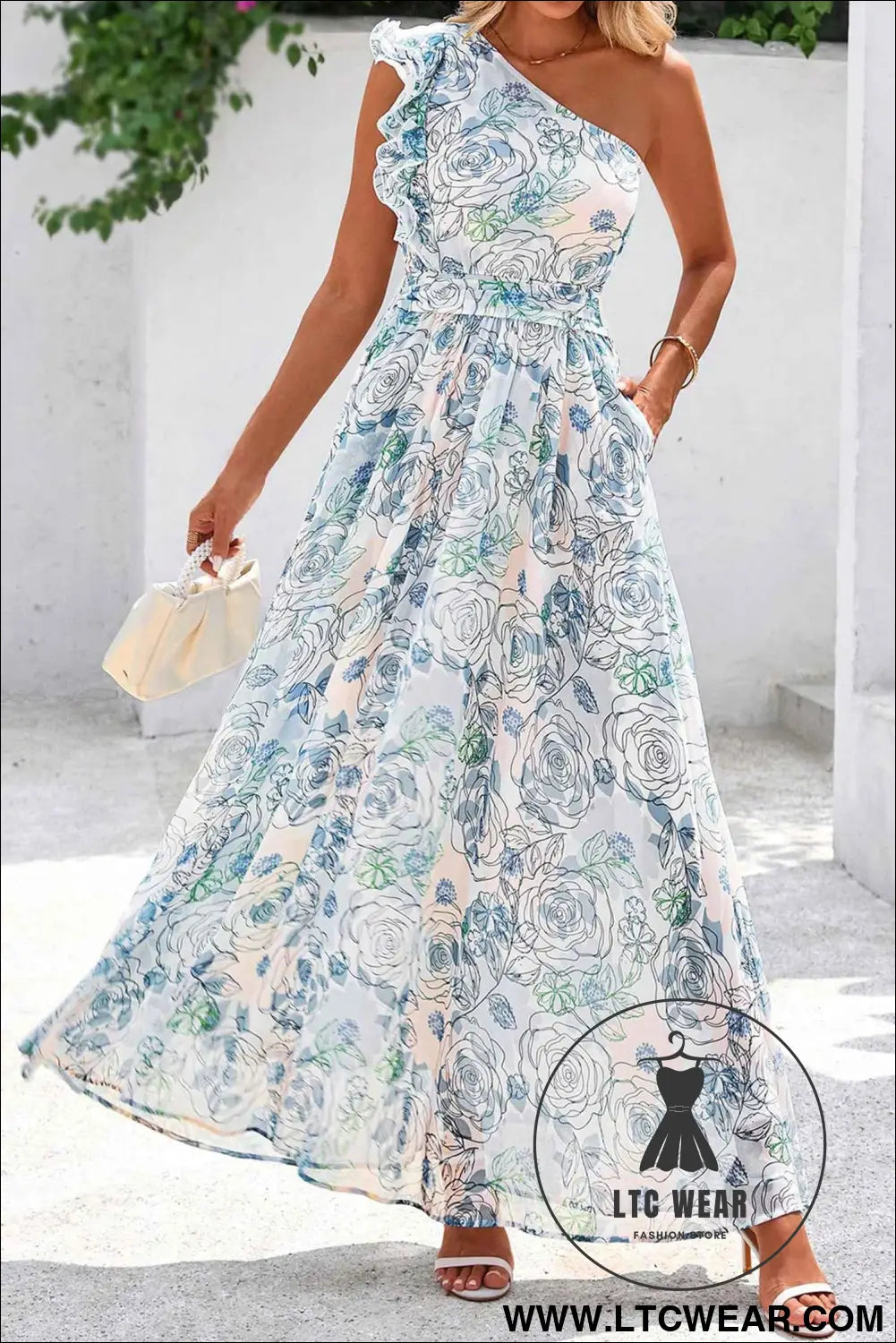 Sky Blue Floral Print Ruffled One Shoulder Vacation Maxi Dress