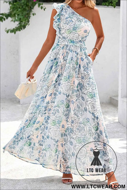 Sky Blue Floral Print Ruffled One Shoulder Vacation Maxi Dress
