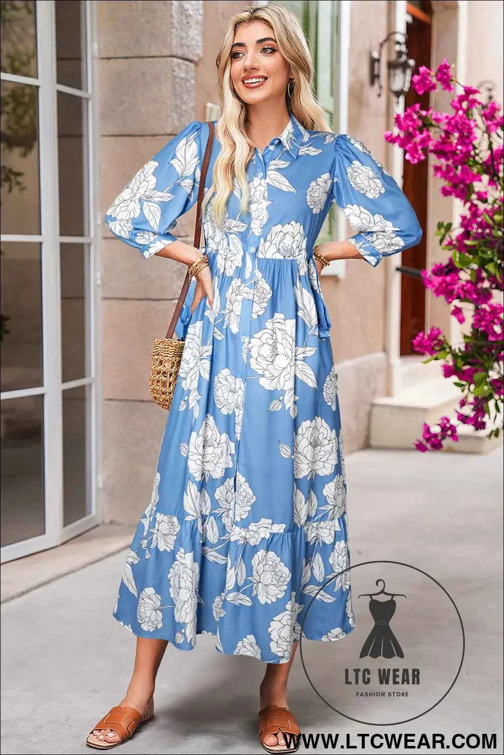 Sky Blue Floral Print Shirt Collar Button Down 3/4 Sleeve Ruffle Hem Long Dress