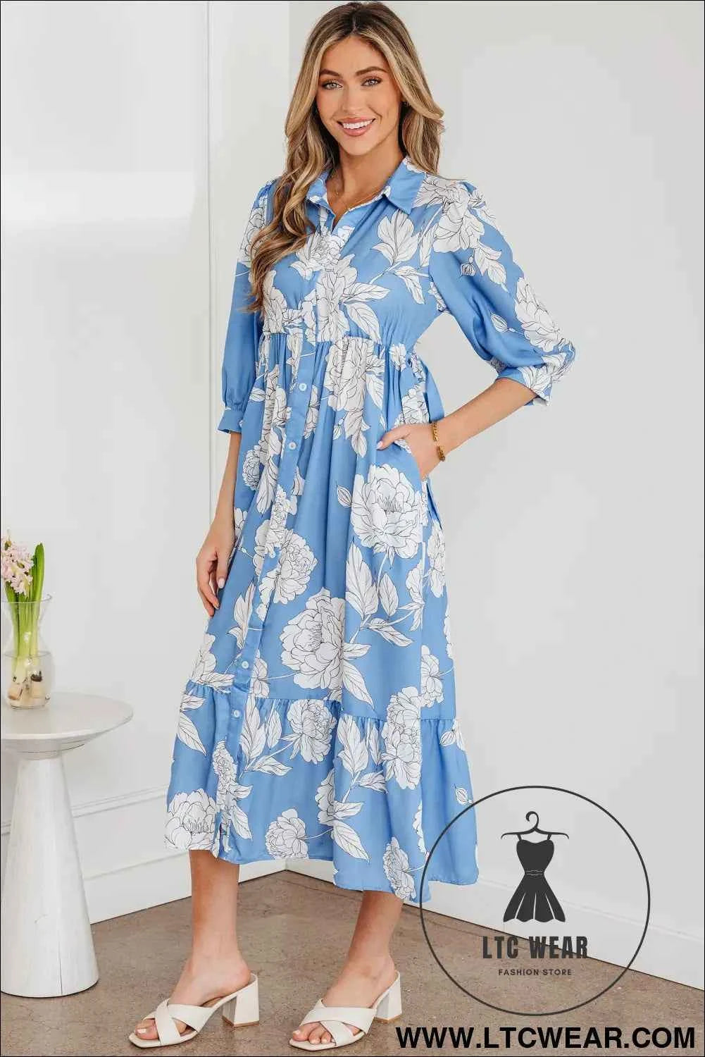 Sky Blue Floral Print Shirt Collar Button Down 3/4 Sleeve Ruffle Hem Long Dress