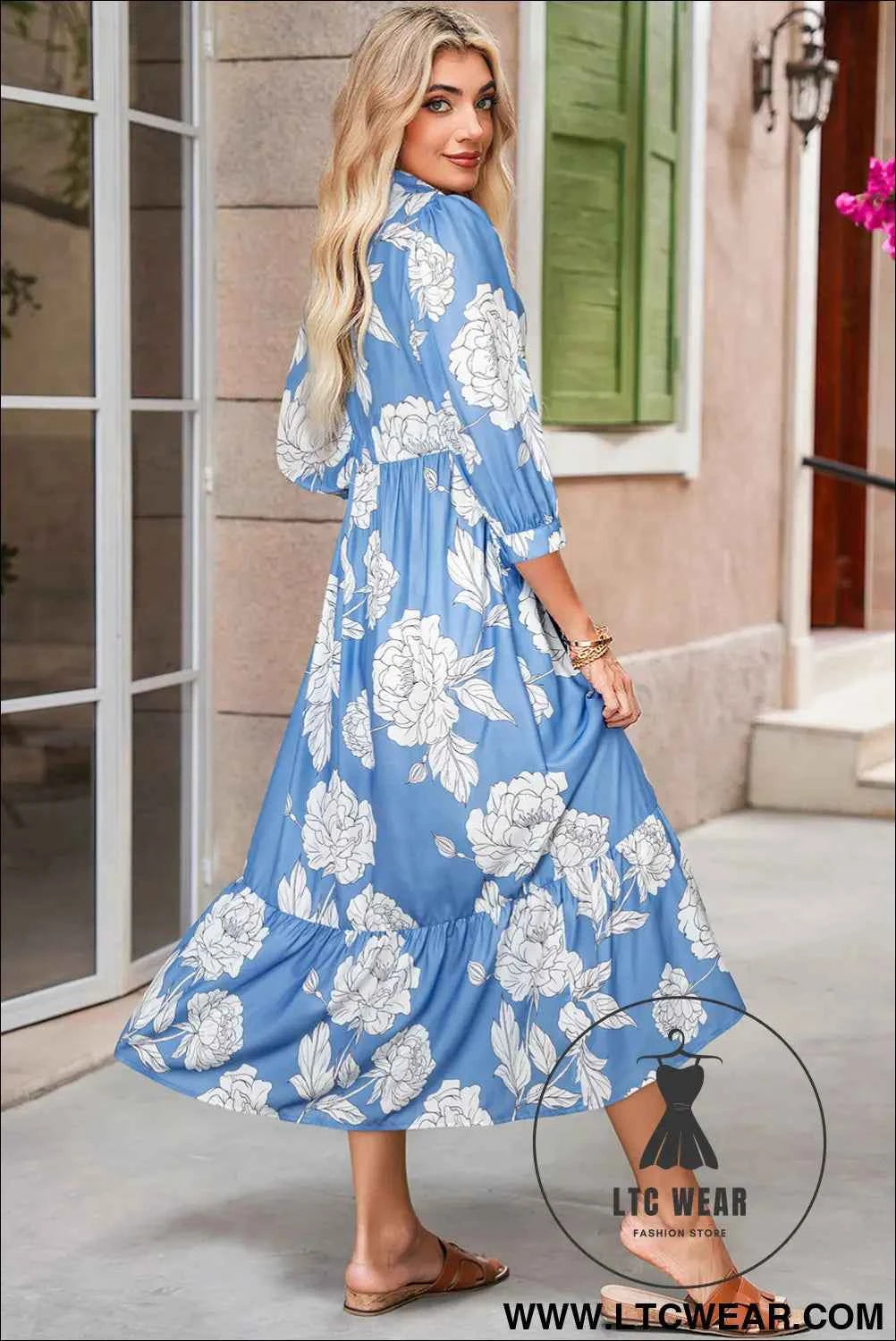 Sky Blue Floral Print Shirt Collar Button Down 3/4 Sleeve Ruffle Hem Long Dress